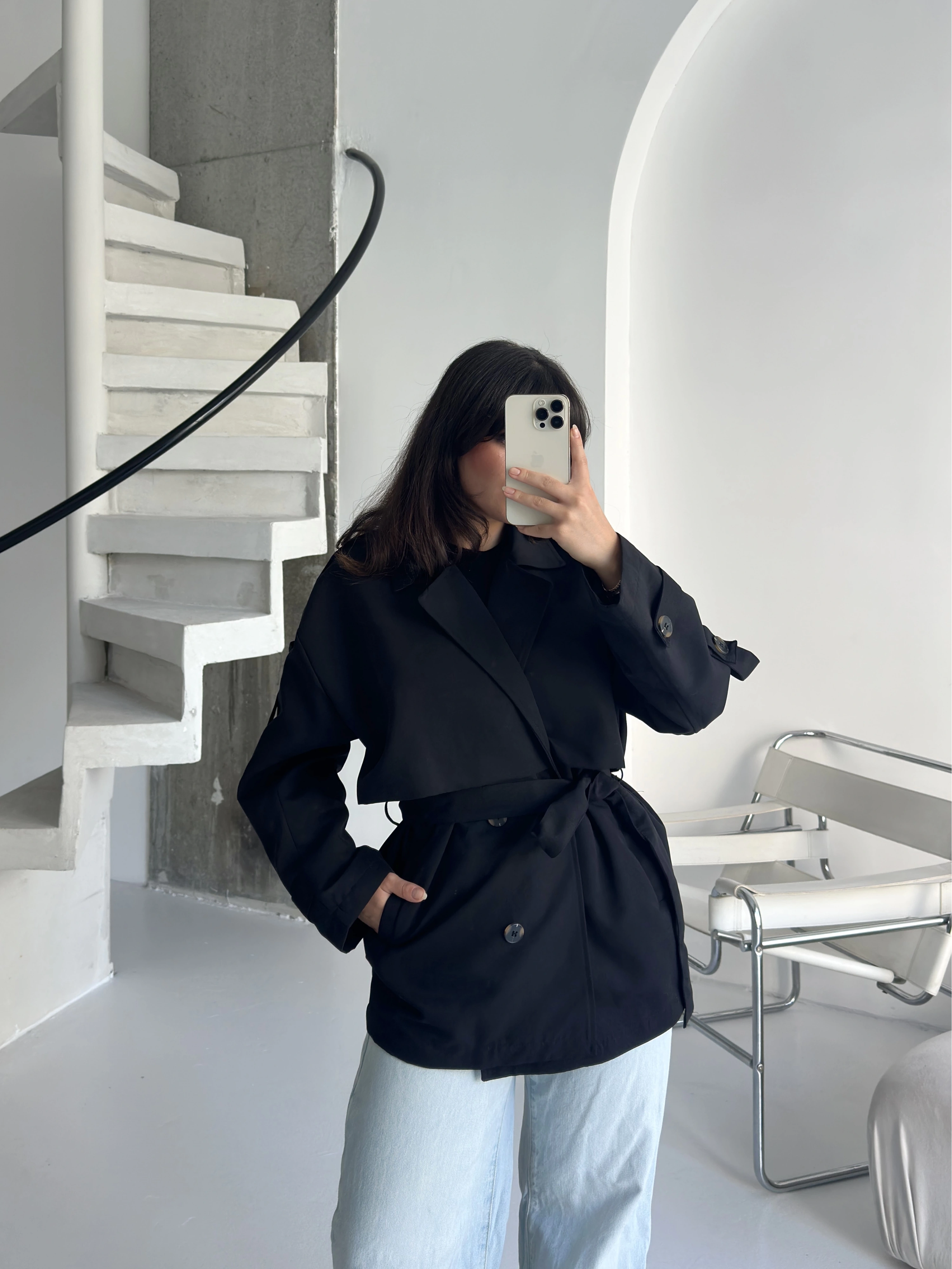 Pullaps Premium Seri Lüx Poliviskon Oversize Trençkot Siyah