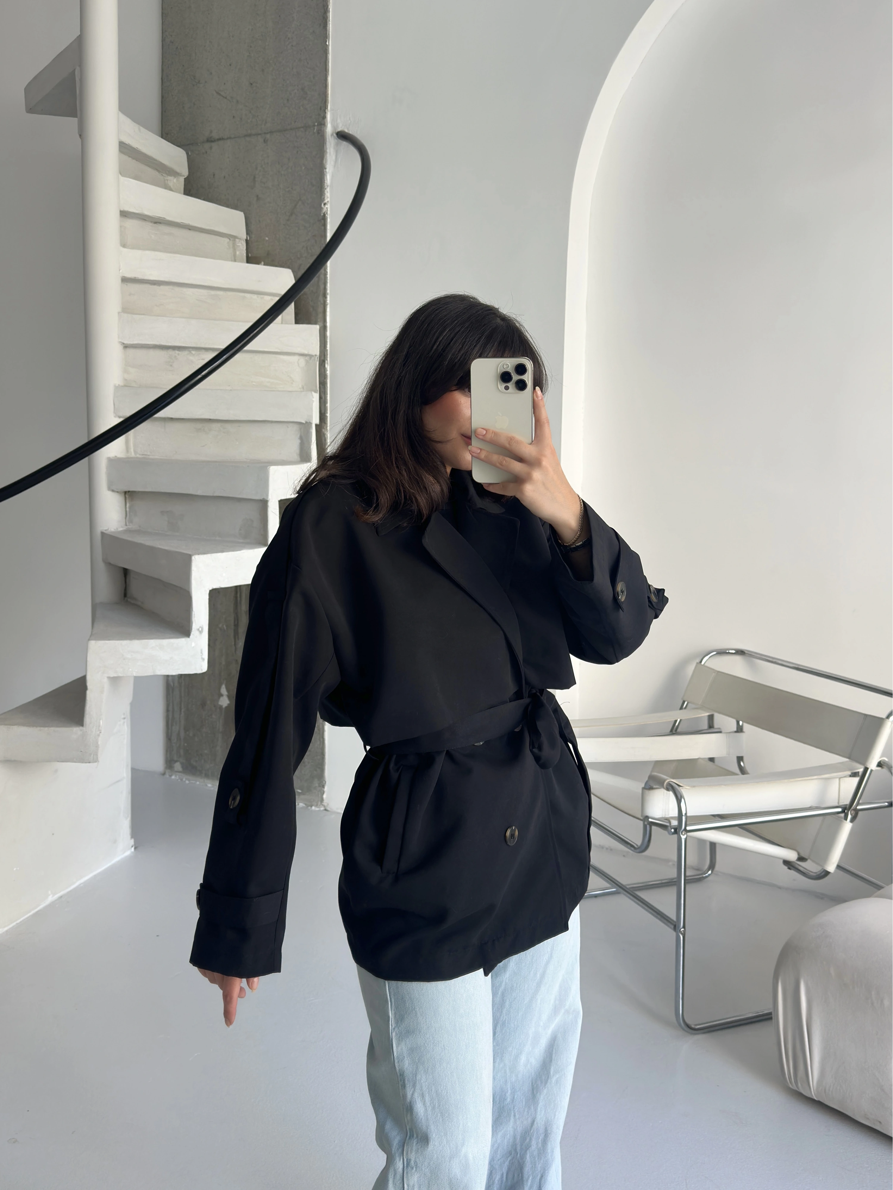 Pullaps Premium Seri Lüx Poliviskon Oversize Trençkot Siyah