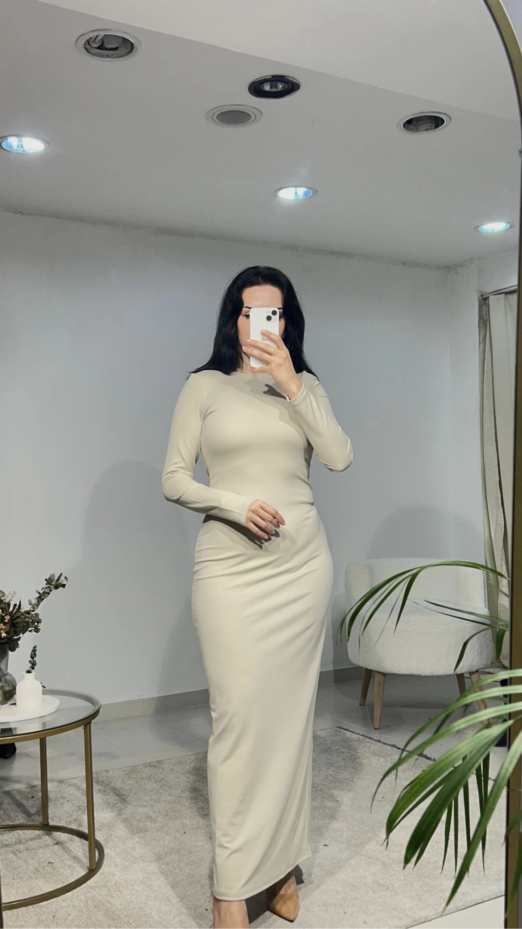 Pullaps Sıfır Yaka Uzun Kollu Düz Elbise Krem