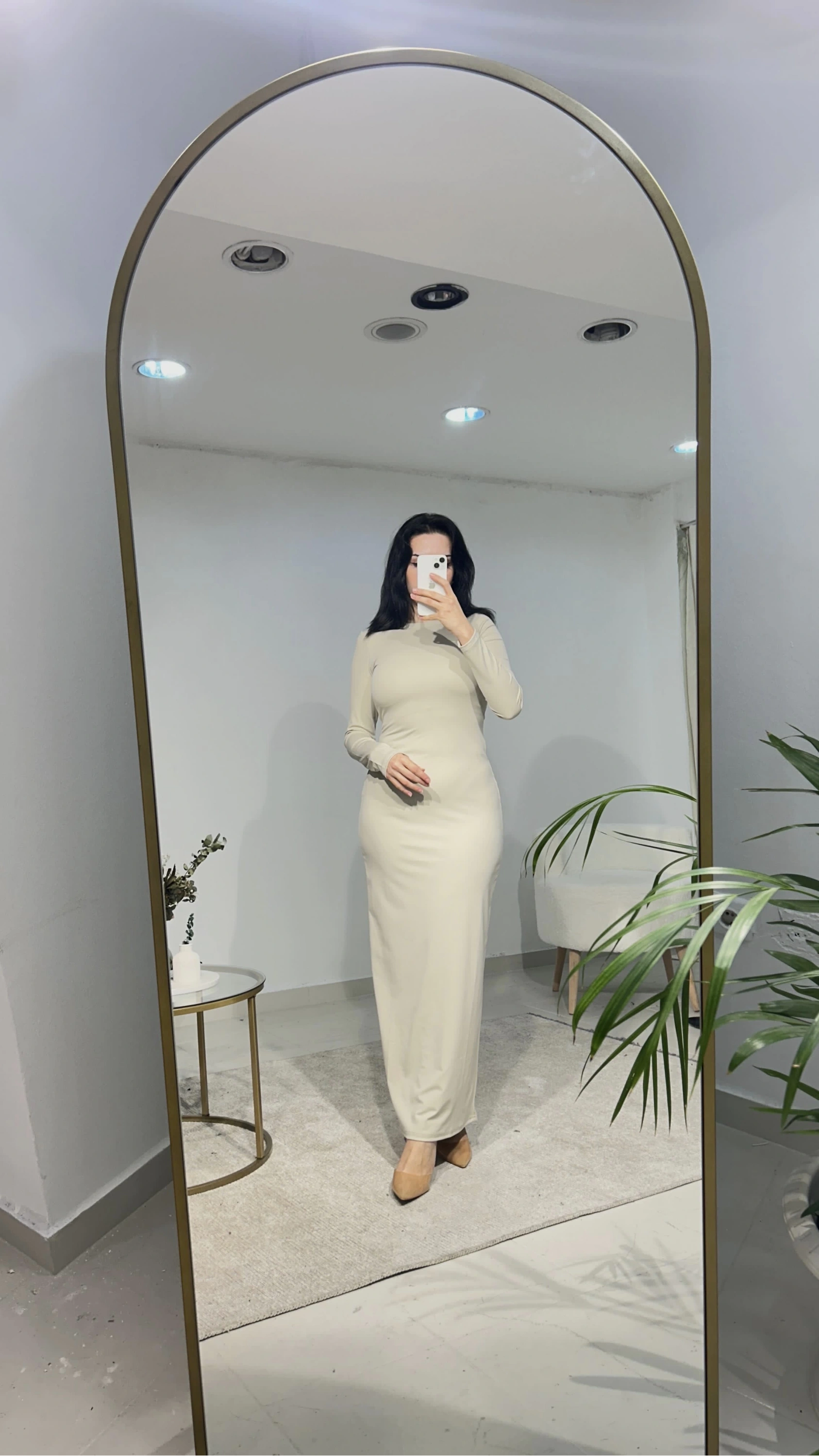 Pullaps Sıfır Yaka Uzun Kollu Düz Elbise Krem