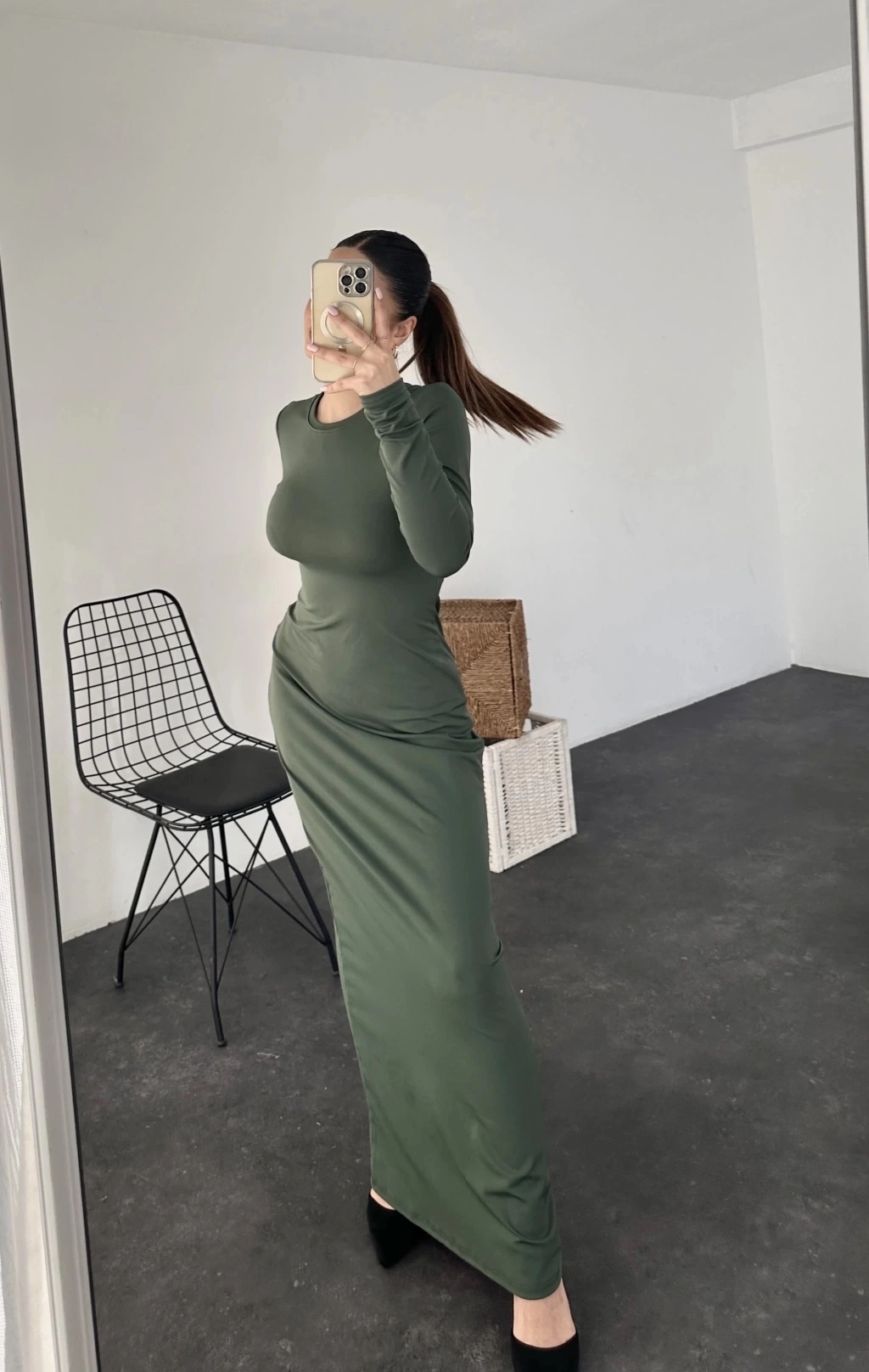 Pullaps Sıfır Yaka Uzun Kollu Düz Elbise Haki