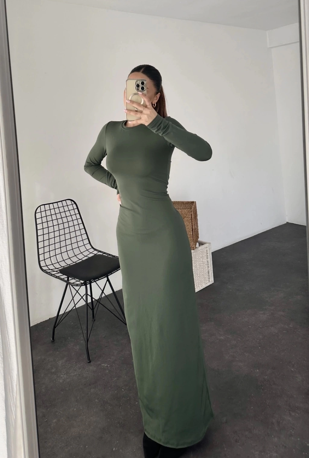 Pullaps Sıfır Yaka Uzun Kollu Düz Elbise Haki