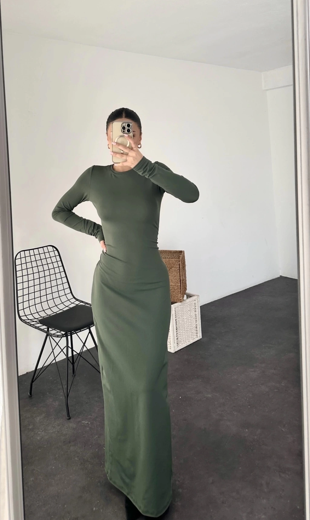 Pullaps Sıfır Yaka Uzun Kollu Düz Elbise Haki