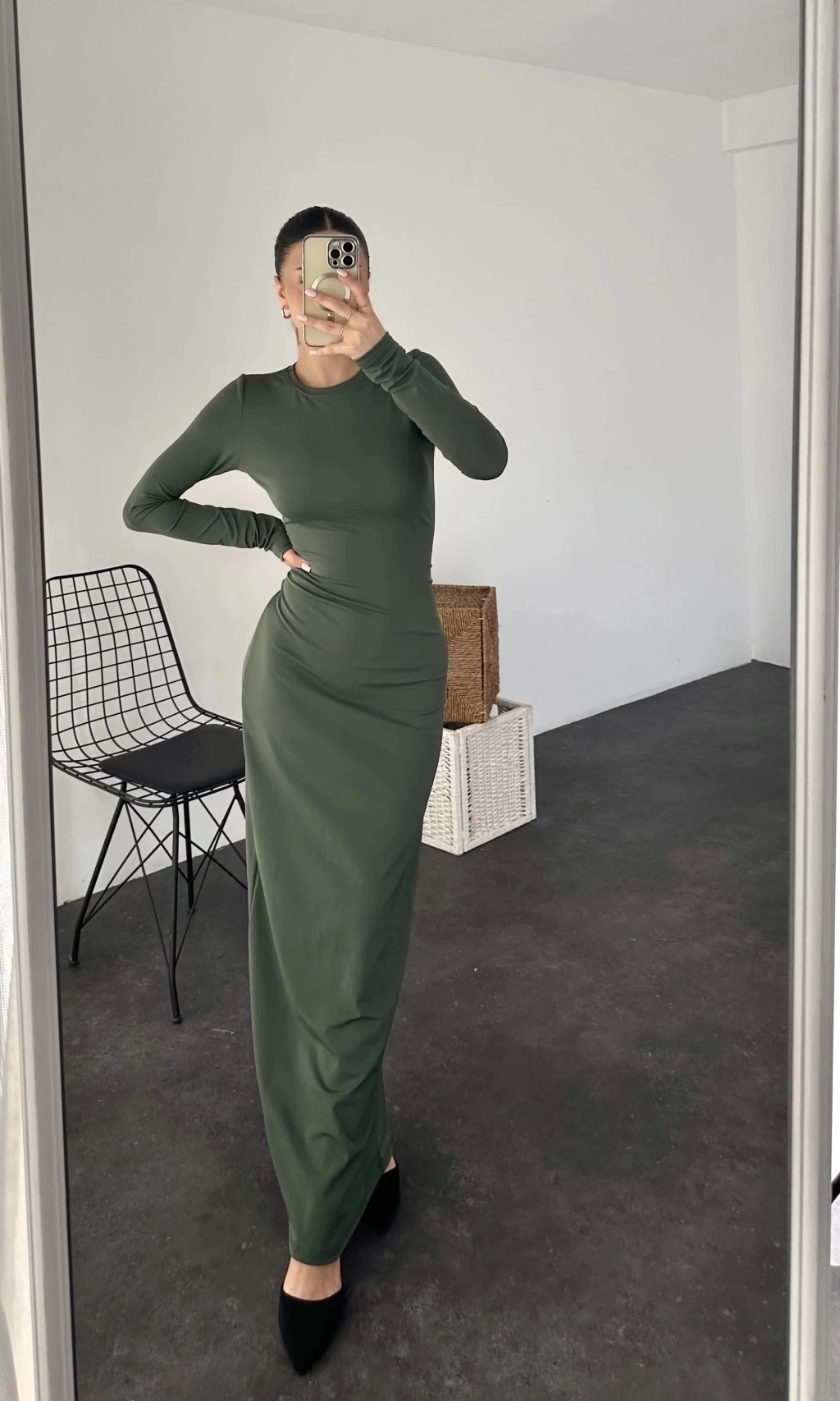 Pullaps Sıfır Yaka Uzun Kollu Düz Elbise Haki