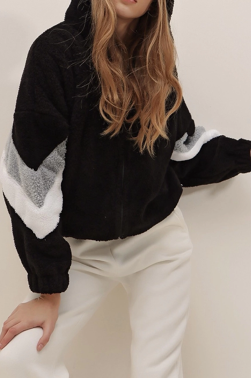 Pullaps Siyah Kapüşonlu Fermuarlı Kolları Renk Bloklu Oversize Peluş Sweatshirt