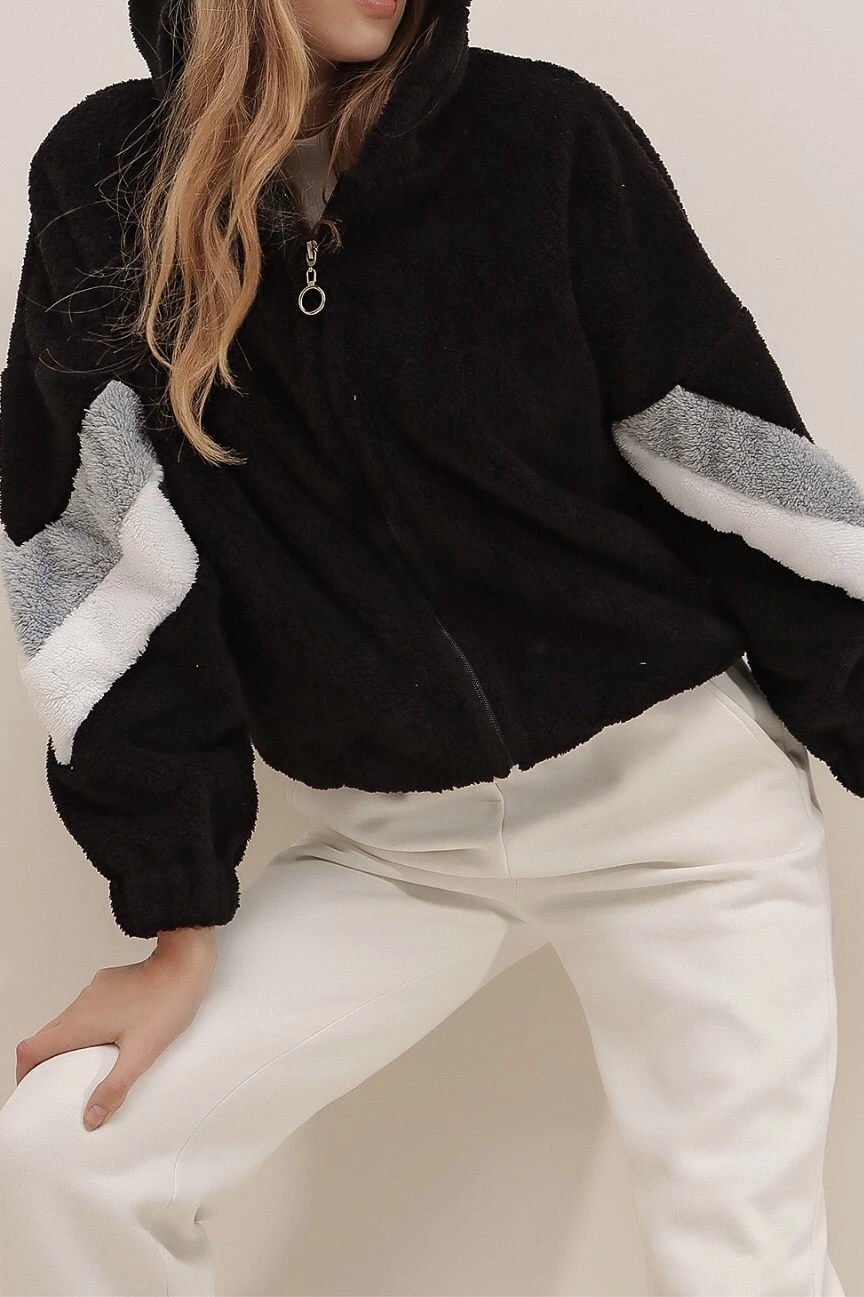 Pullaps Siyah Kapüşonlu Fermuarlı Kolları Renk Bloklu Oversize Peluş Sweatshirt