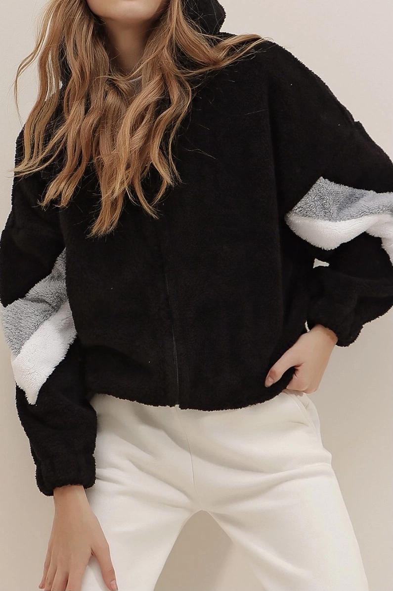Pullaps Siyah Kapüşonlu Fermuarlı Kolları Renk Bloklu Oversize Peluş Sweatshirt