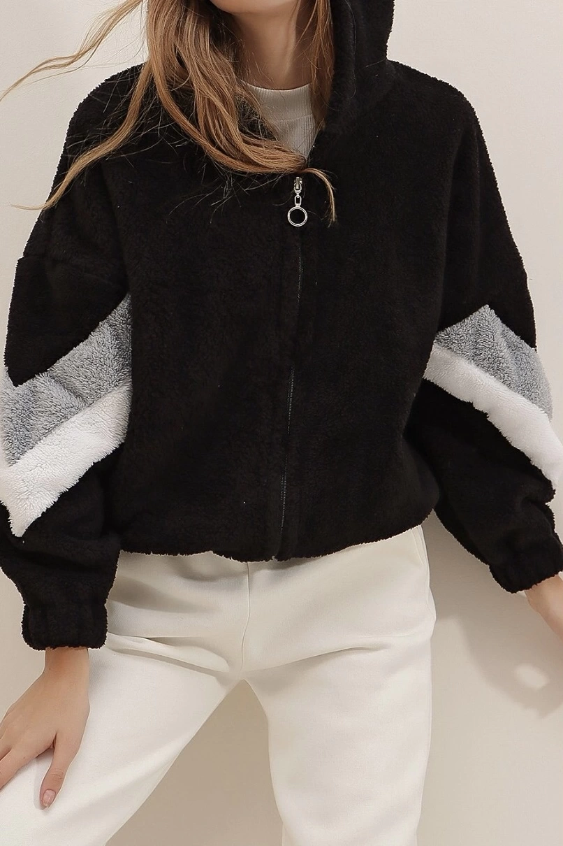Pullaps Siyah Kapüşonlu Fermuarlı Kolları Renk Bloklu Oversize Peluş Sweatshirt