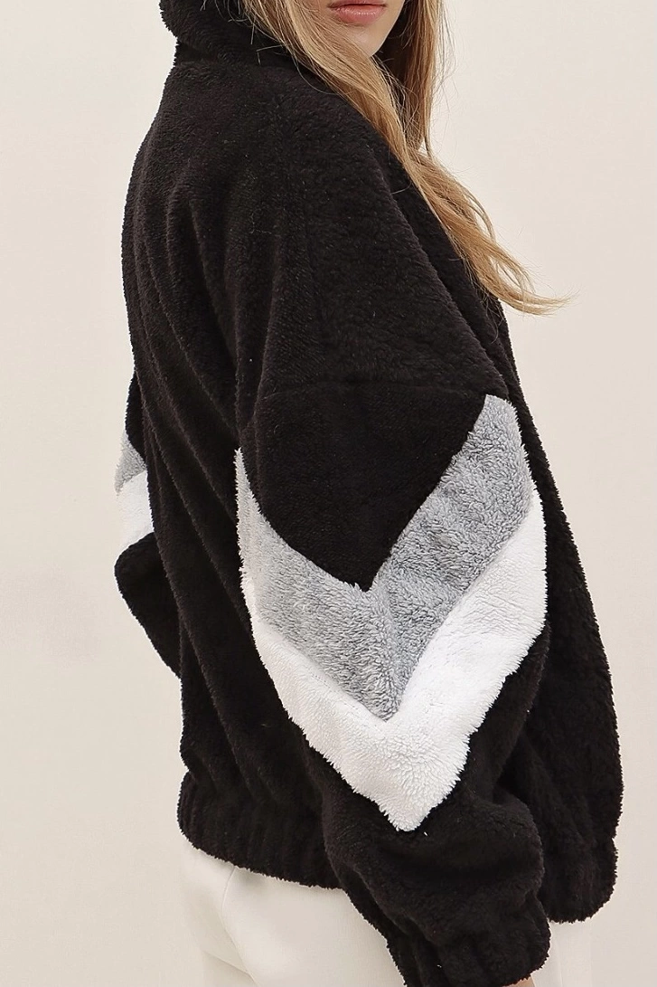 Pullaps Siyah Kapüşonlu Fermuarlı Kolları Renk Bloklu Oversize Peluş Sweatshirt