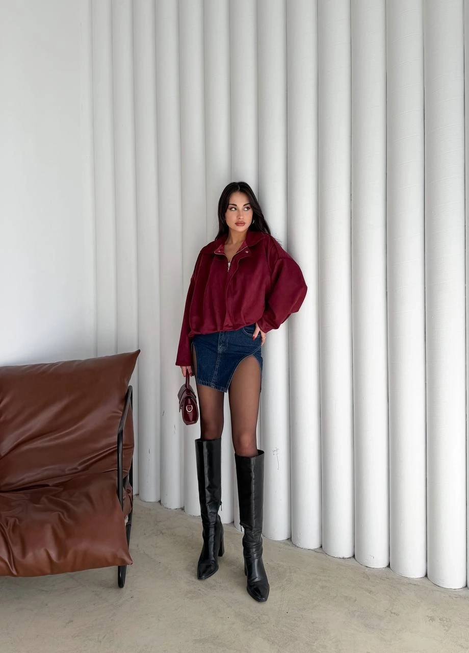 Pullaps Süet Bomber Ceket Bordo