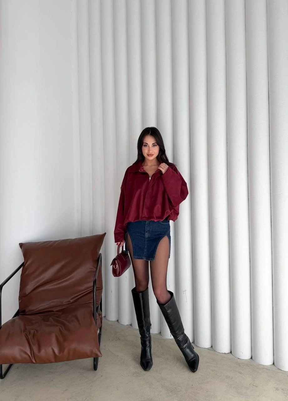 Pullaps Süet Bomber Ceket Bordo