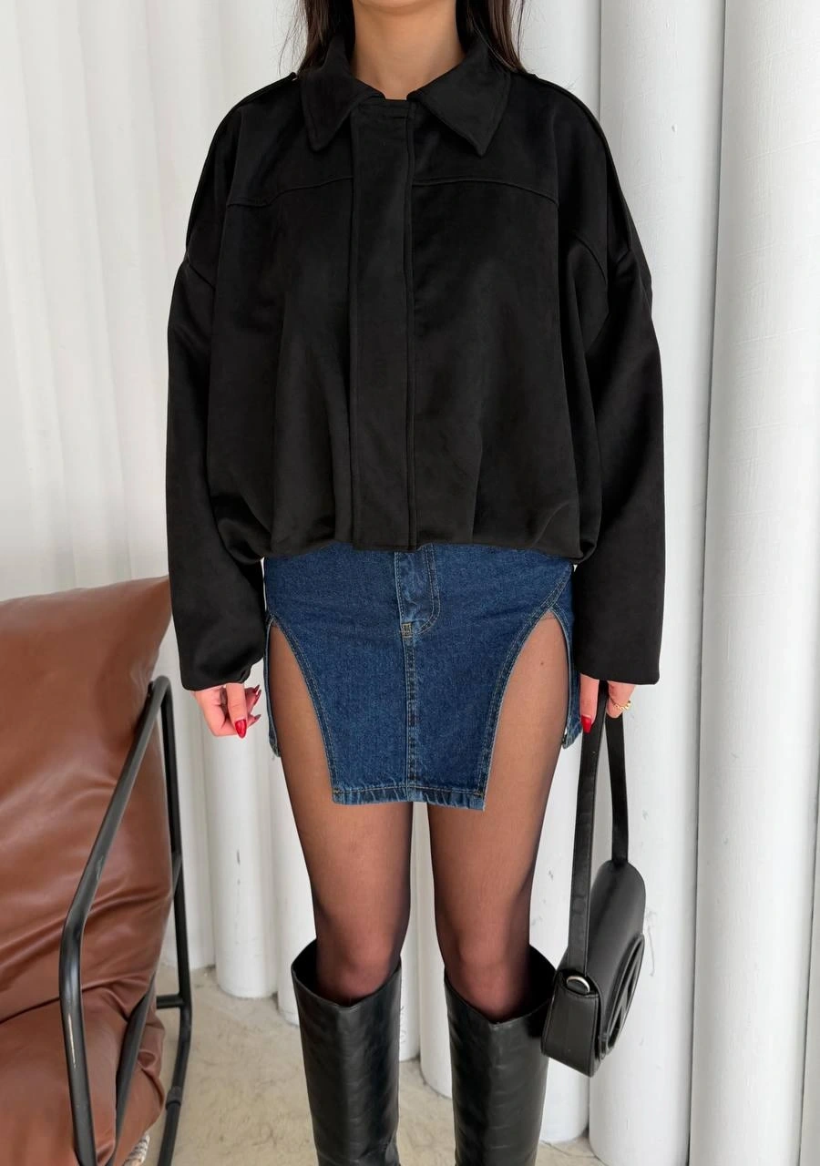 Pullaps Süet Bomber Ceket Siyah