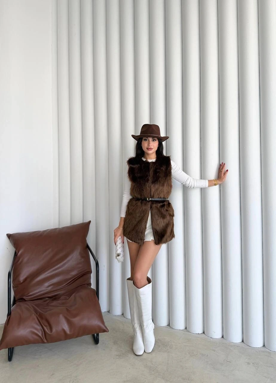 Pullaps Suni Kürk Yelek Kahve