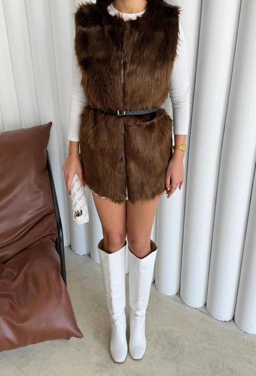 Pullaps Suni Kürk Yelek Kahve