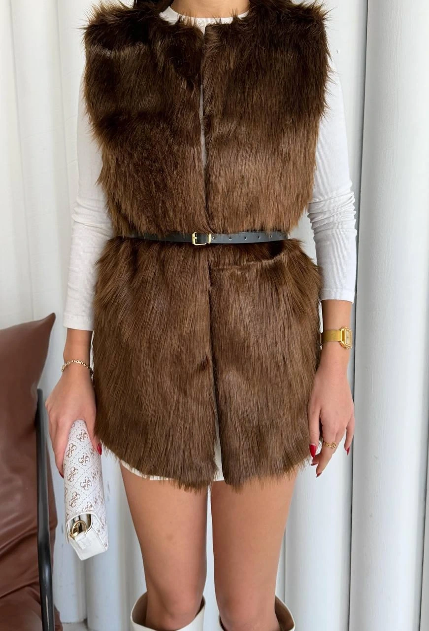 Pullaps Suni Kürk Yelek Kahve