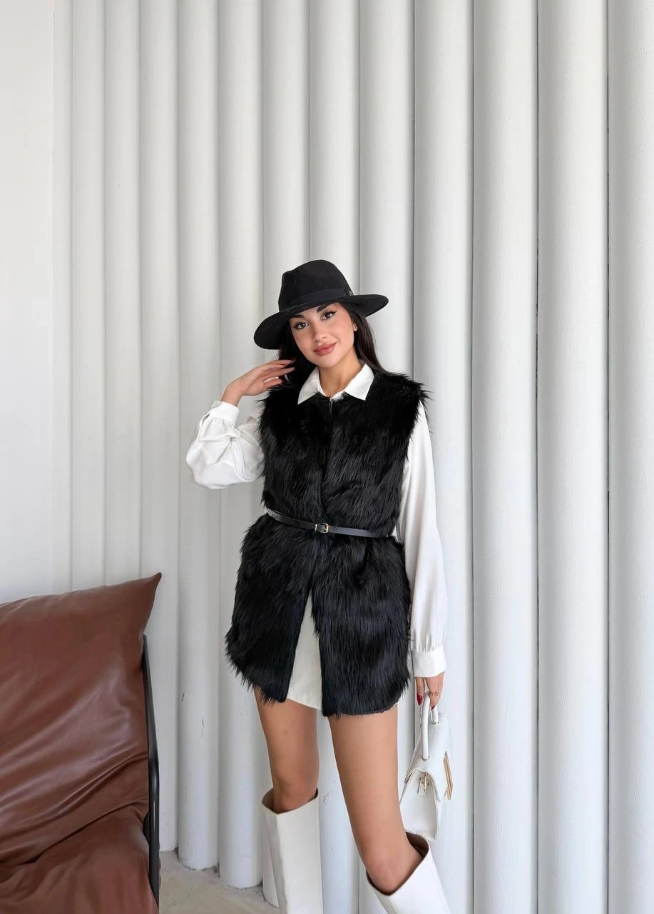 Pullaps Suni Kürk Yelek Siyah