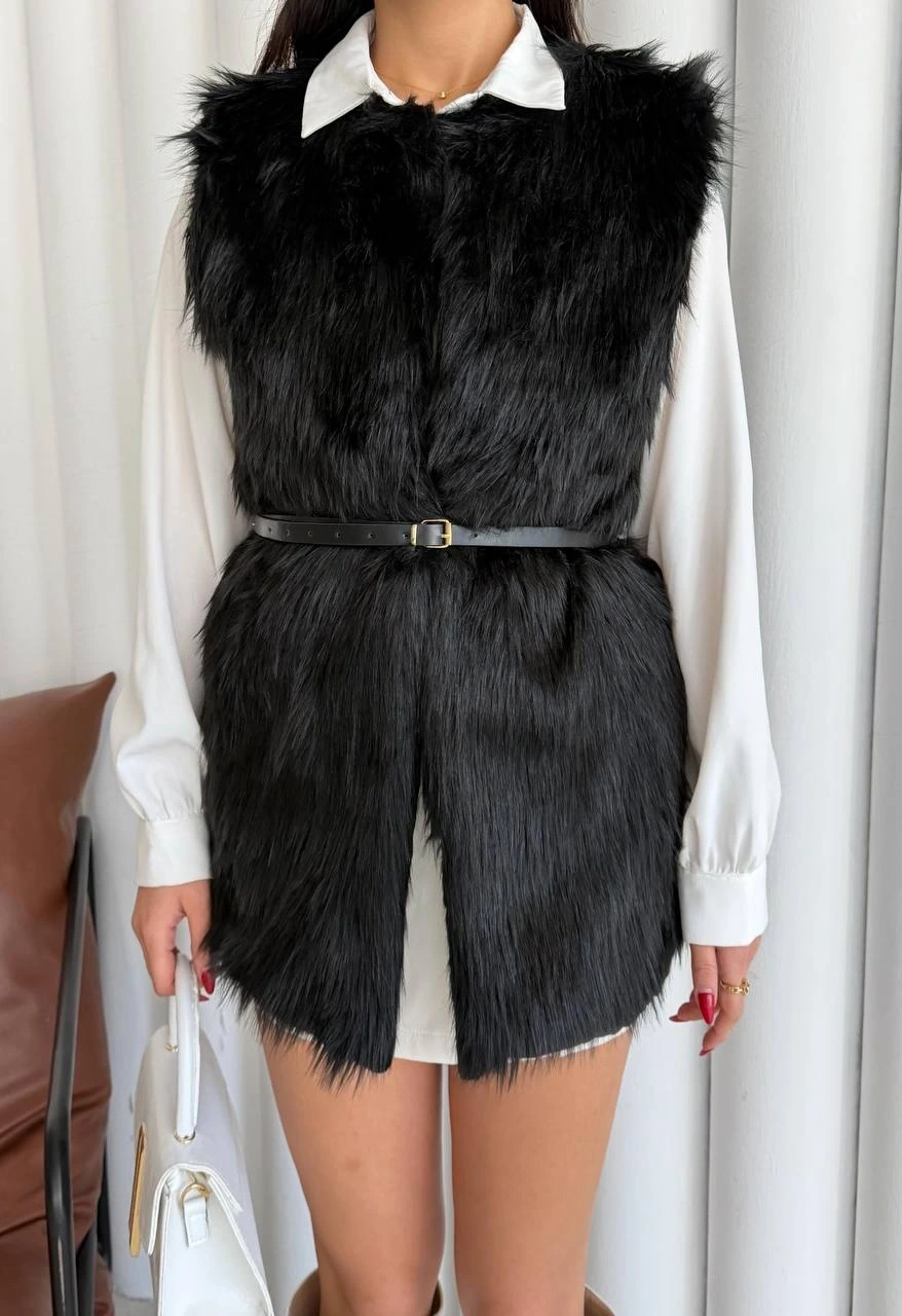 Pullaps Suni Kürk Yelek Siyah