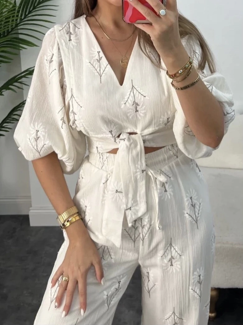 Pullaps Tasarım Keten Pantolonlu Takım