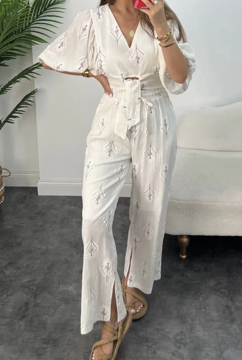 Pullaps Tasarım Keten Pantolonlu Takım