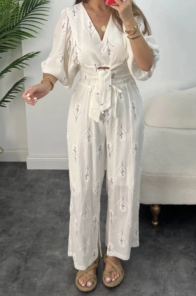 Pullaps Tasarım Keten Pantolonlu Takım