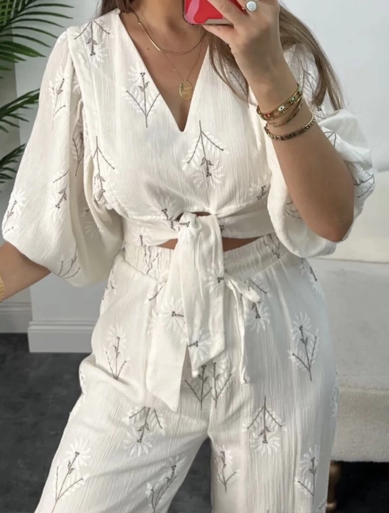 Pullaps Tasarım Keten Pantolonlu Takım