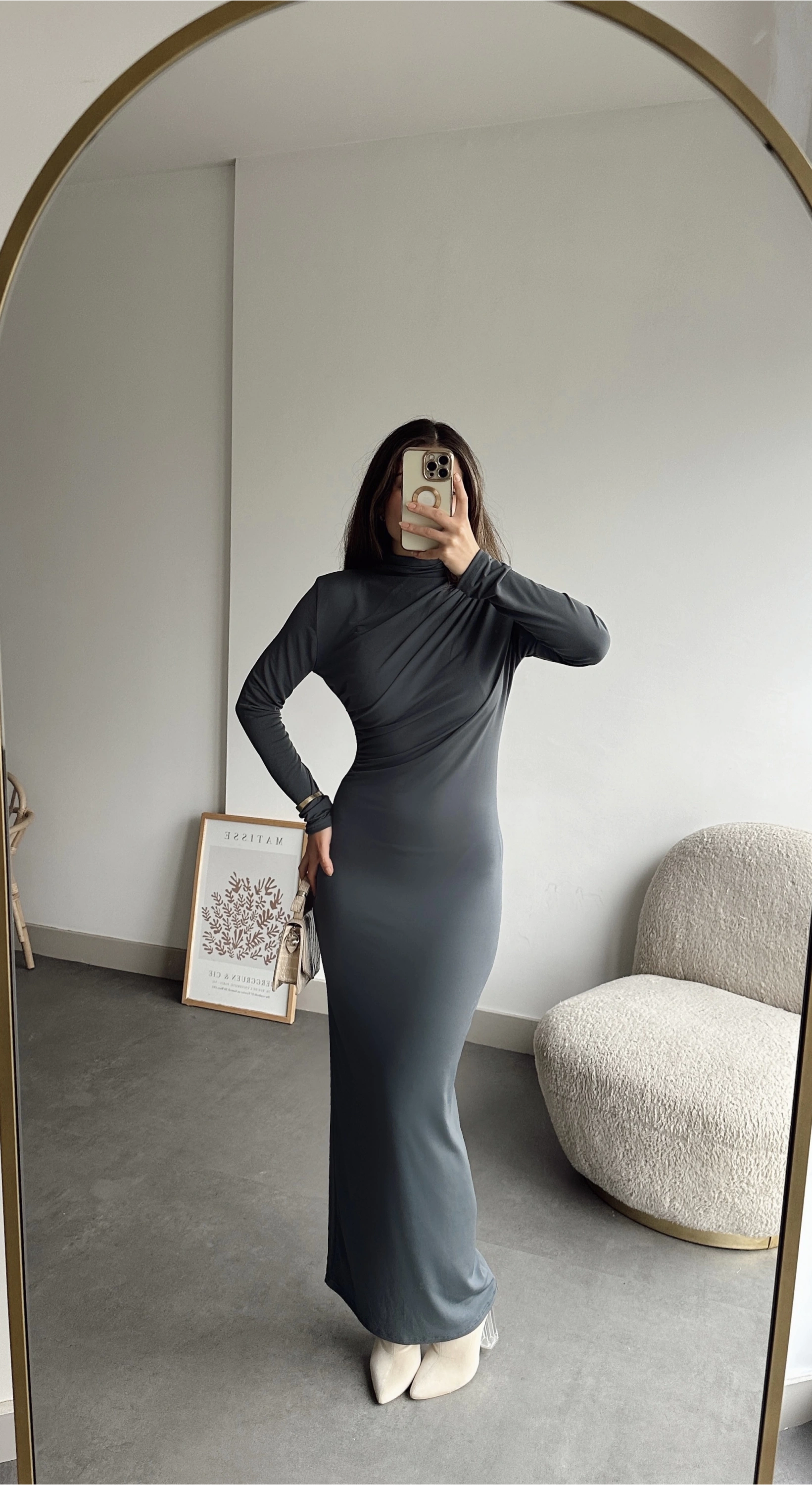 Pullaps Yandan Ve Omuzdan Büzgülü Elbise Gri