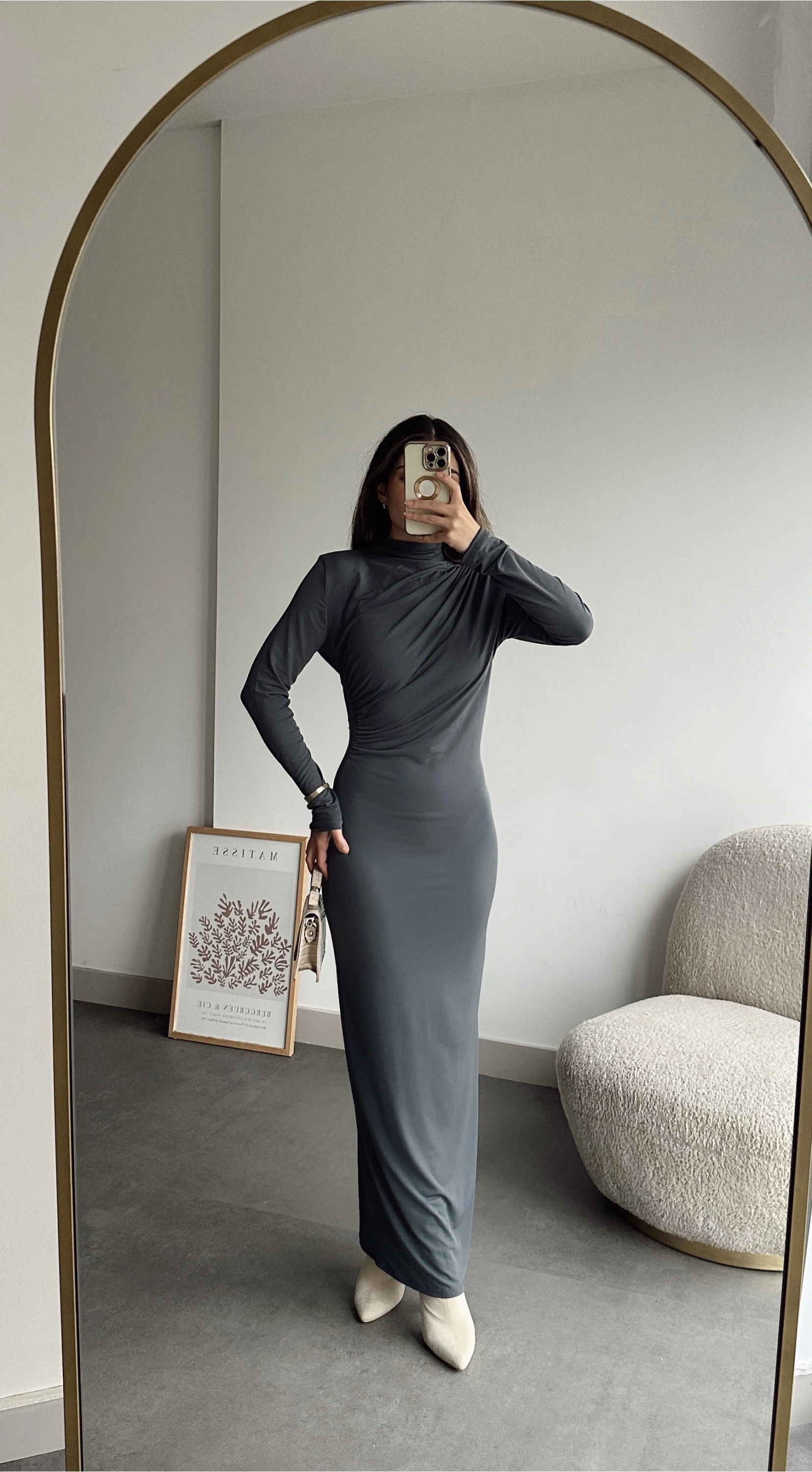 Pullaps Yandan Ve Omuzdan Büzgülü Elbise Gri