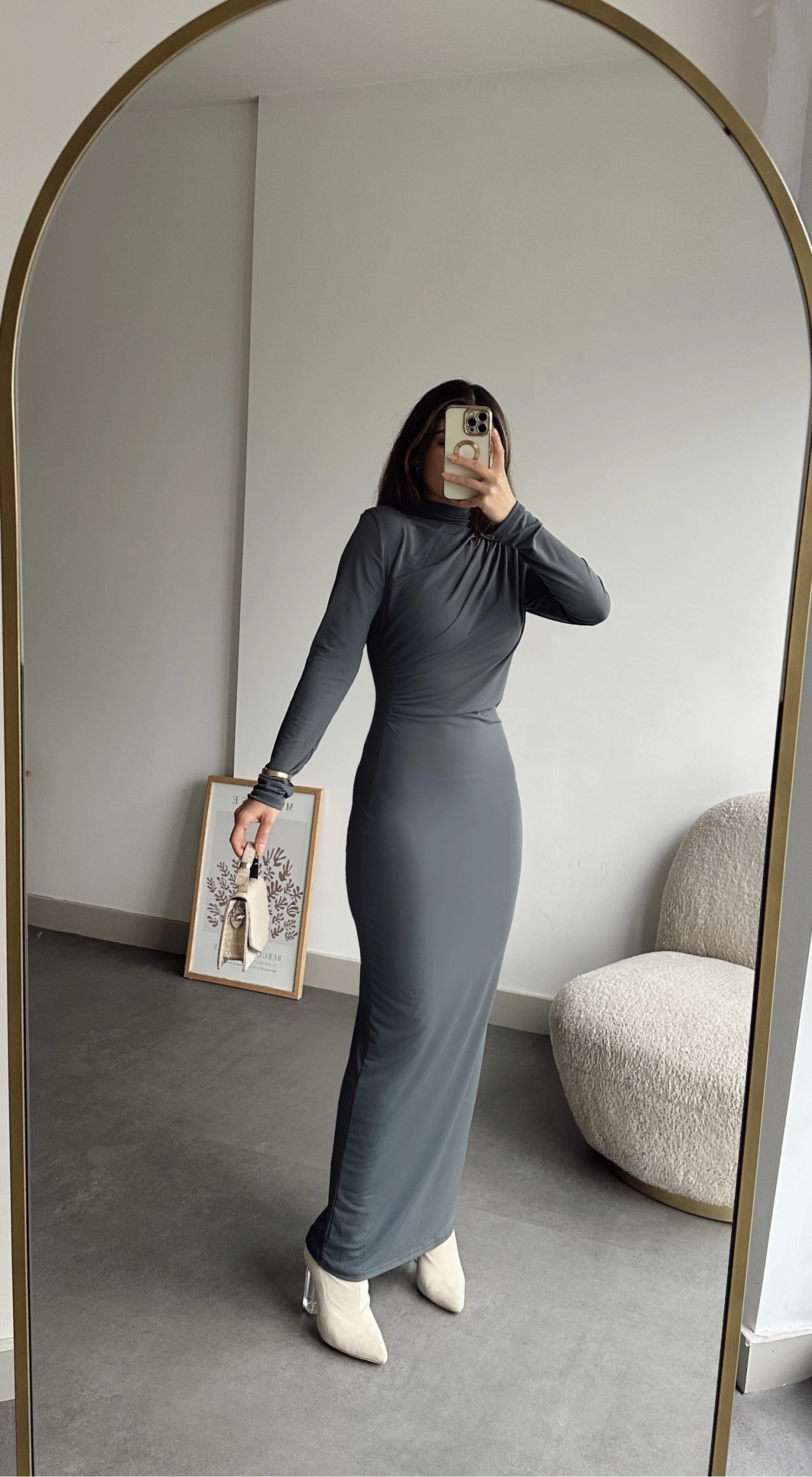 Pullaps Yandan Ve Omuzdan Büzgülü Elbise Gri