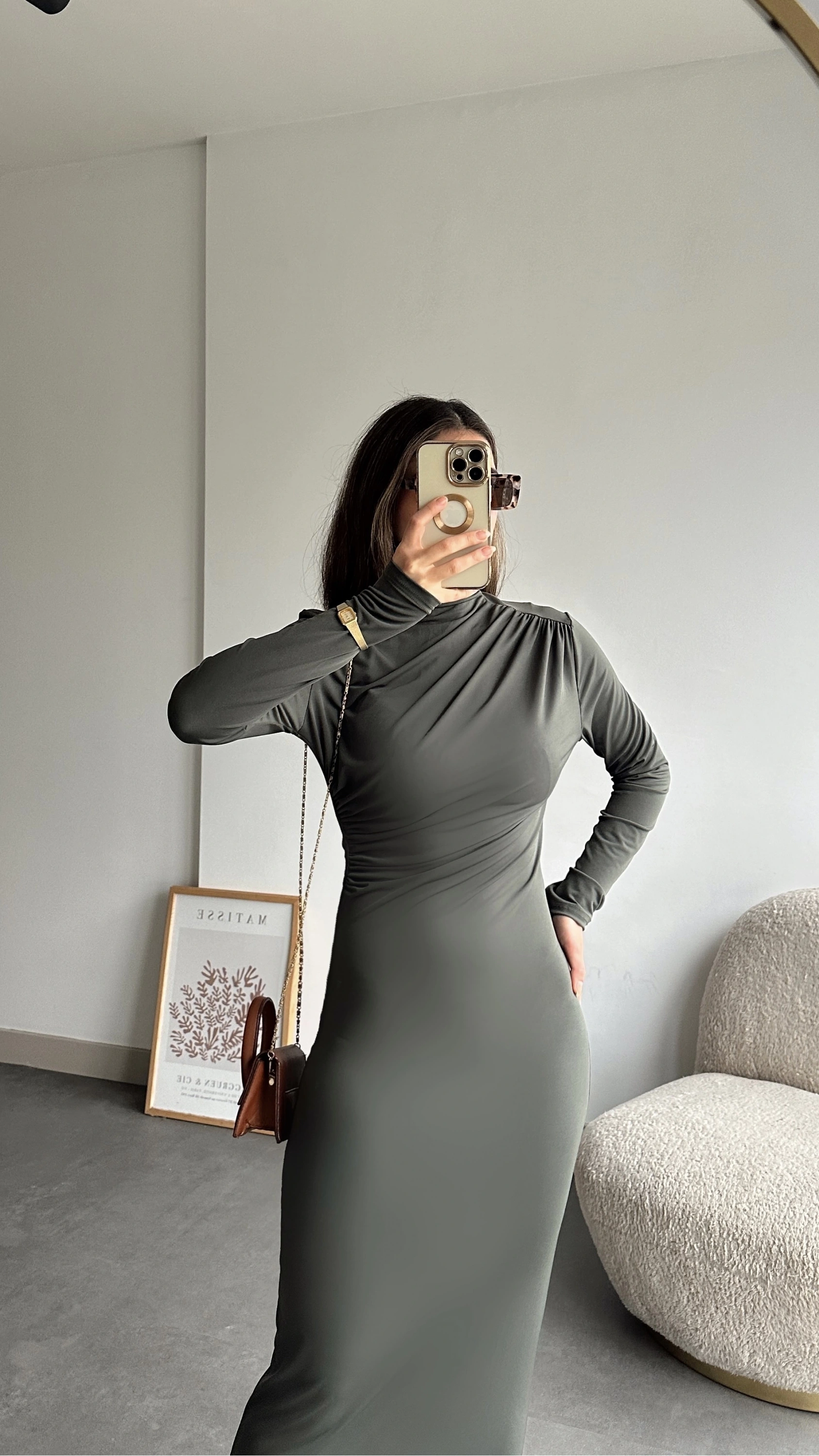 Pullaps Yandan Ve Omuzdan Büzgülü Elbise Haki