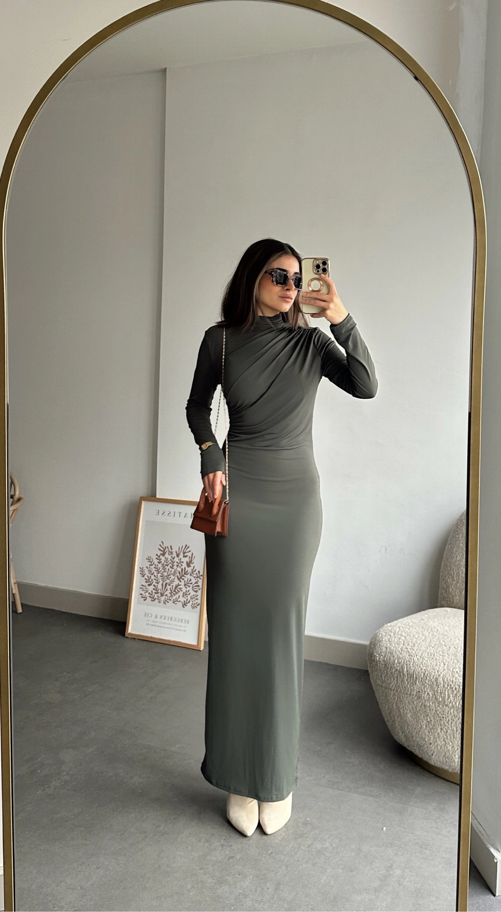 Pullaps Yandan Ve Omuzdan Büzgülü Elbise Haki