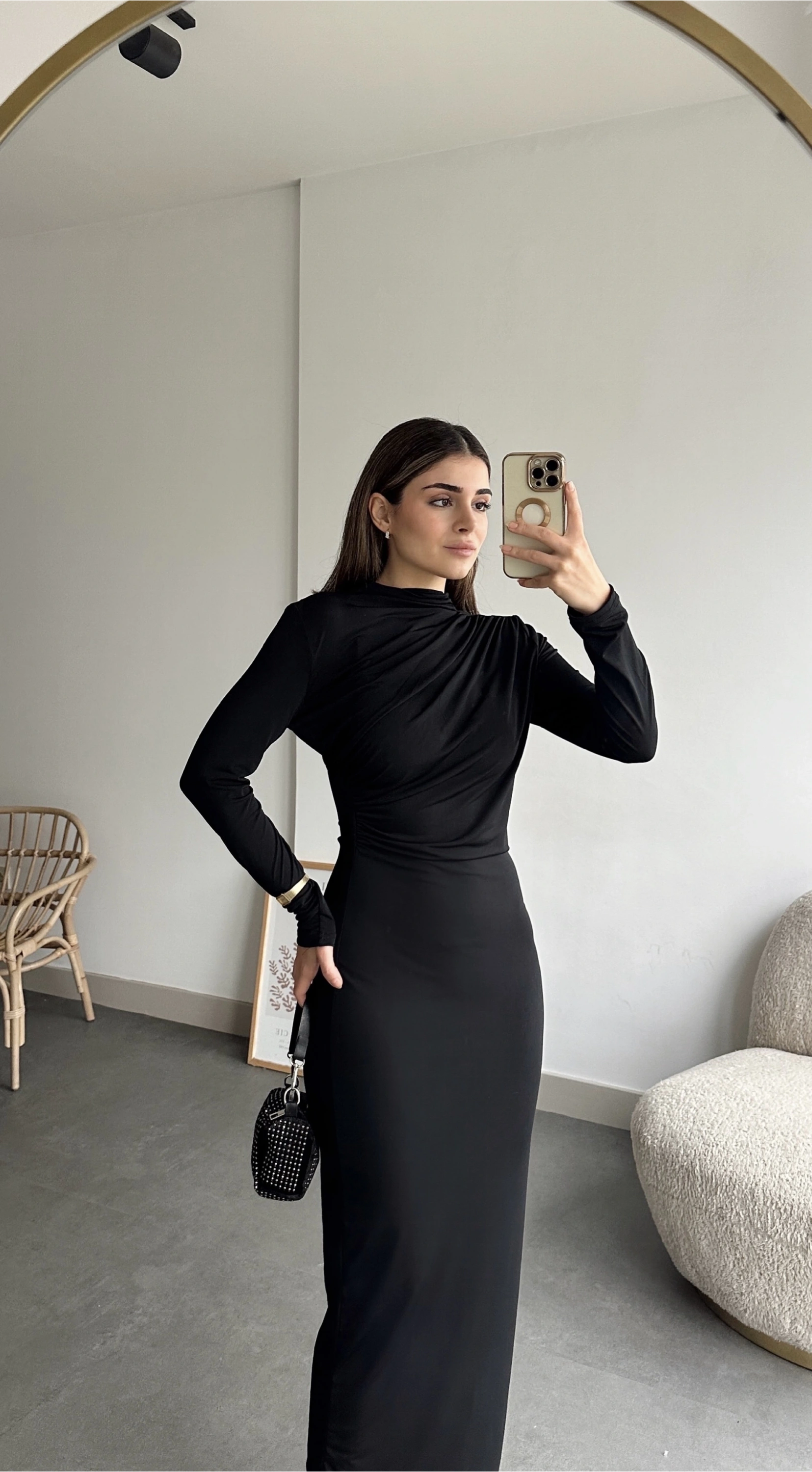 Pullaps Yandan Ve Omuzdan Büzgülü Elbise Siyah