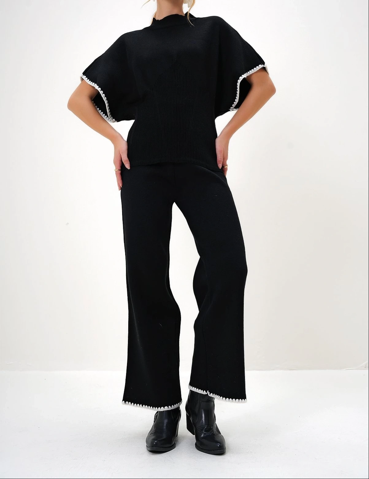 Pullaps Yarım Balıkçı Bluz Ve Palazzo Pantolon Takım Siyah