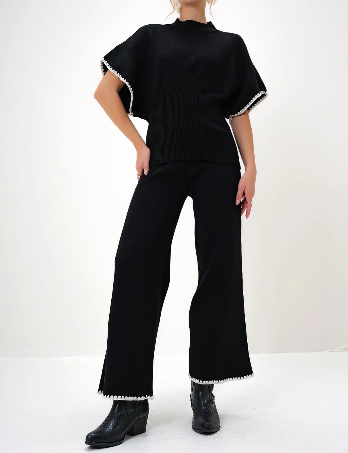 Pullaps Yarım Balıkçı Bluz Ve Palazzo Pantolon Takım Siyah