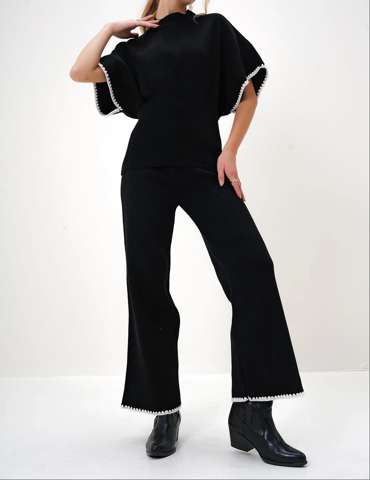 Pullaps Yarım Balıkçı Bluz Ve Palazzo Pantolon Takım Siyah