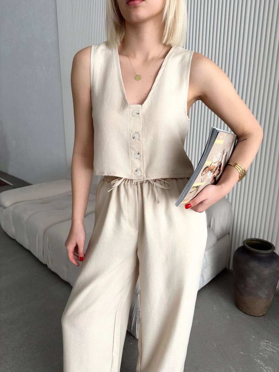 Pullaps Yelek Pantolon Keten İkili Takım Bej