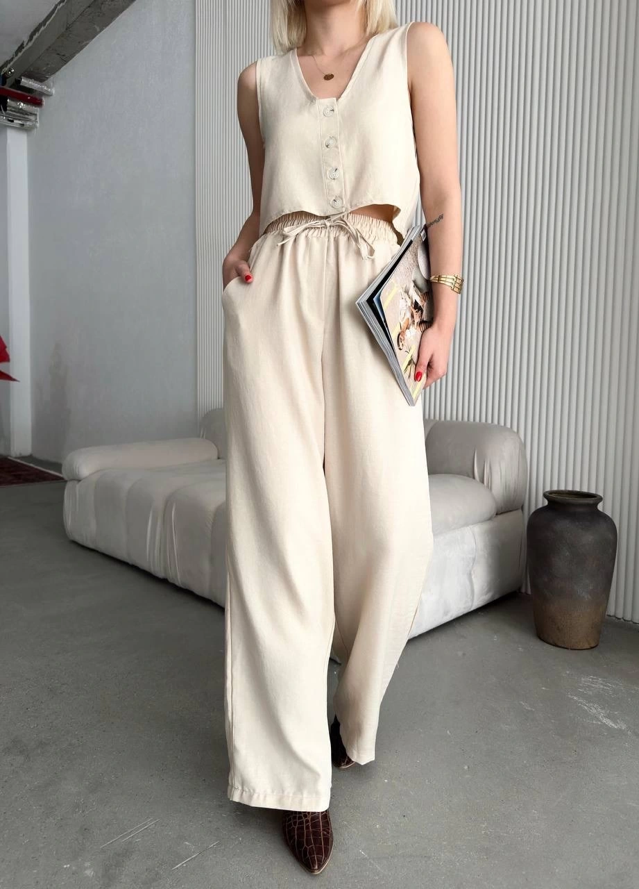 Pullaps Yelek Pantolon Keten İkili Takım Bej