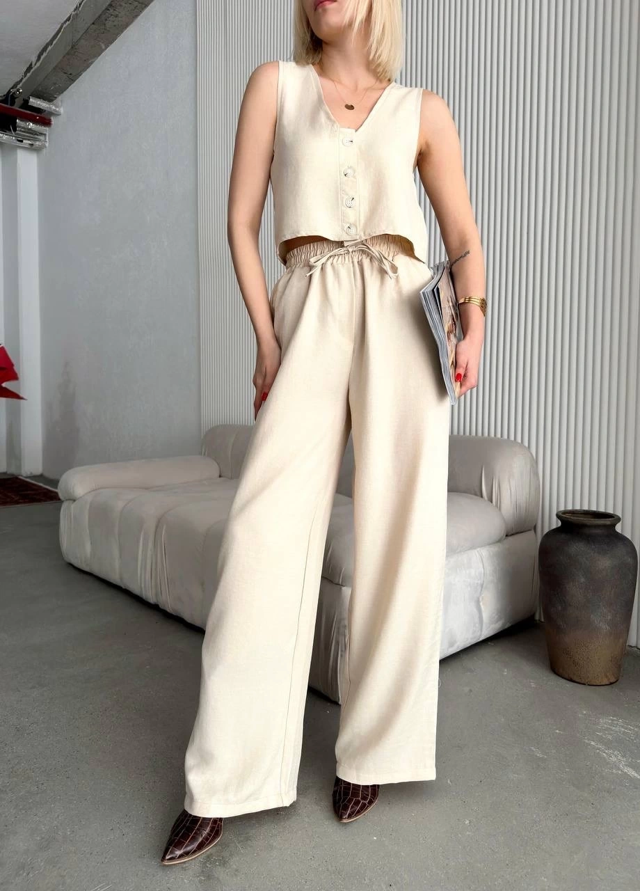 Pullaps Yelek Pantolon Keten İkili Takım Bej