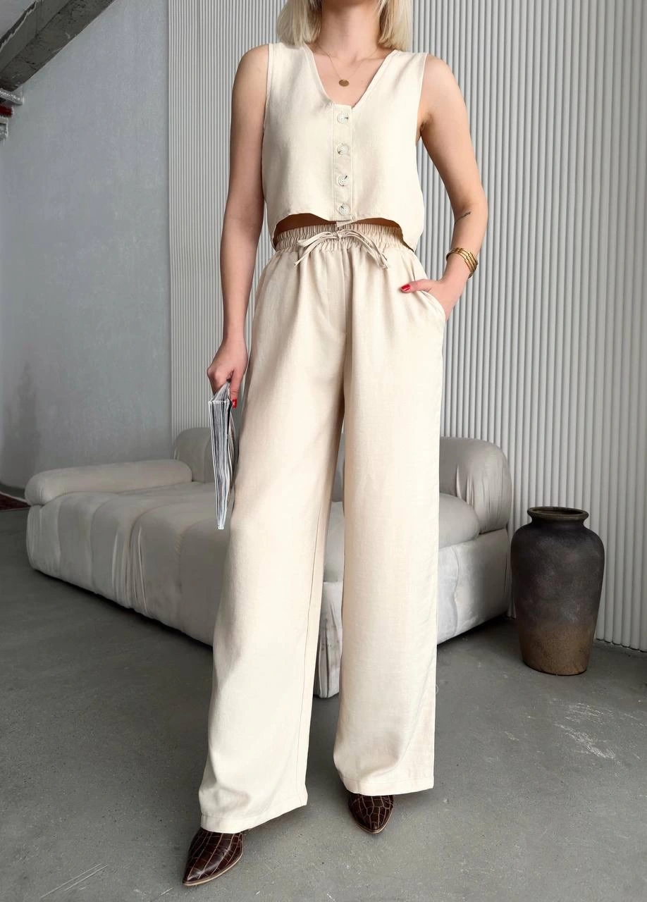 Pullaps Yelek Pantolon Keten İkili Takım Bej