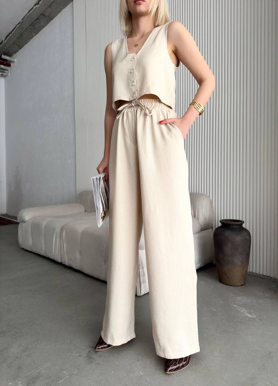 Pullaps Yelek Pantolon Keten İkili Takım Bej