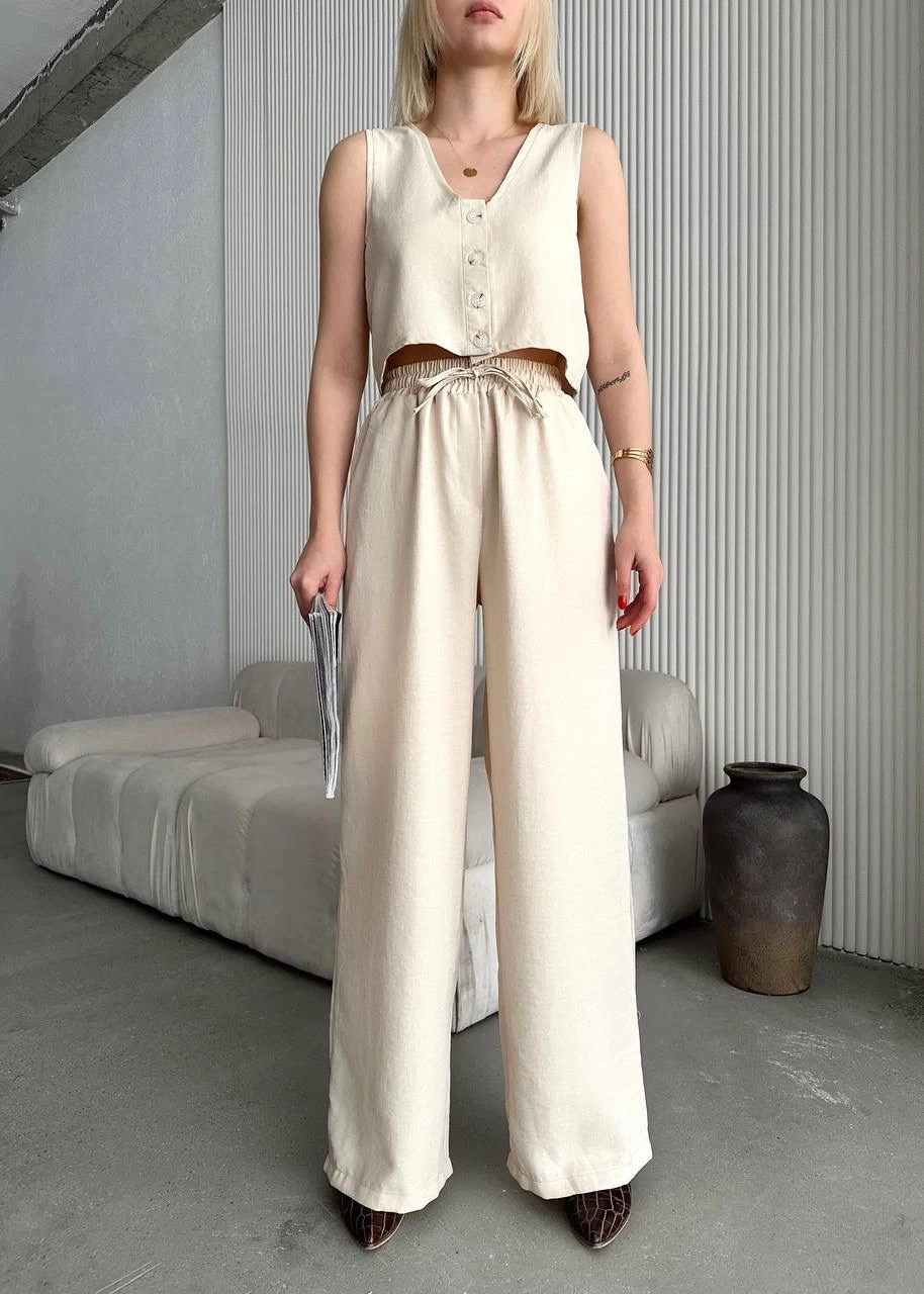 Pullaps Yelek Pantolon Keten İkili Takım Bej