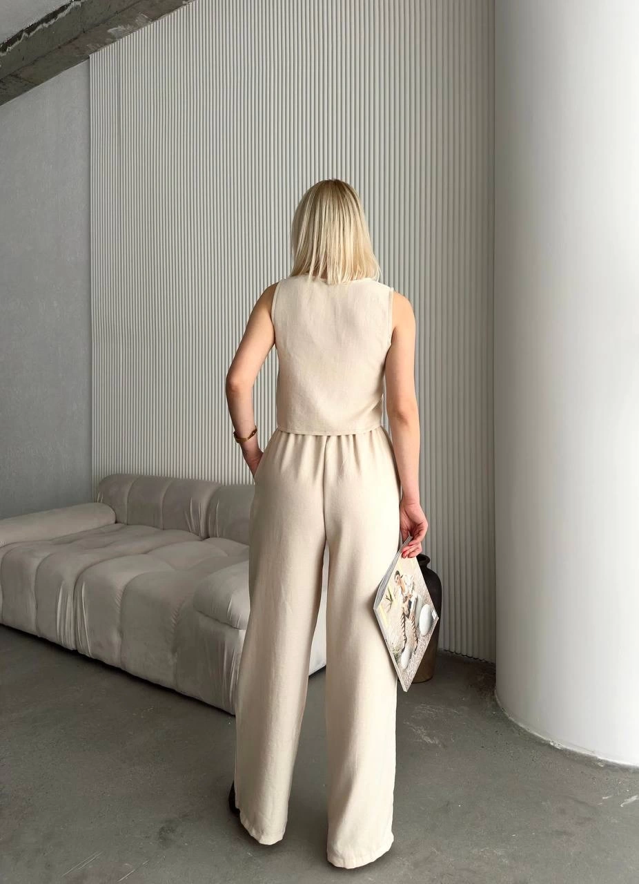 Pullaps Yelek Pantolon Keten İkili Takım Bej