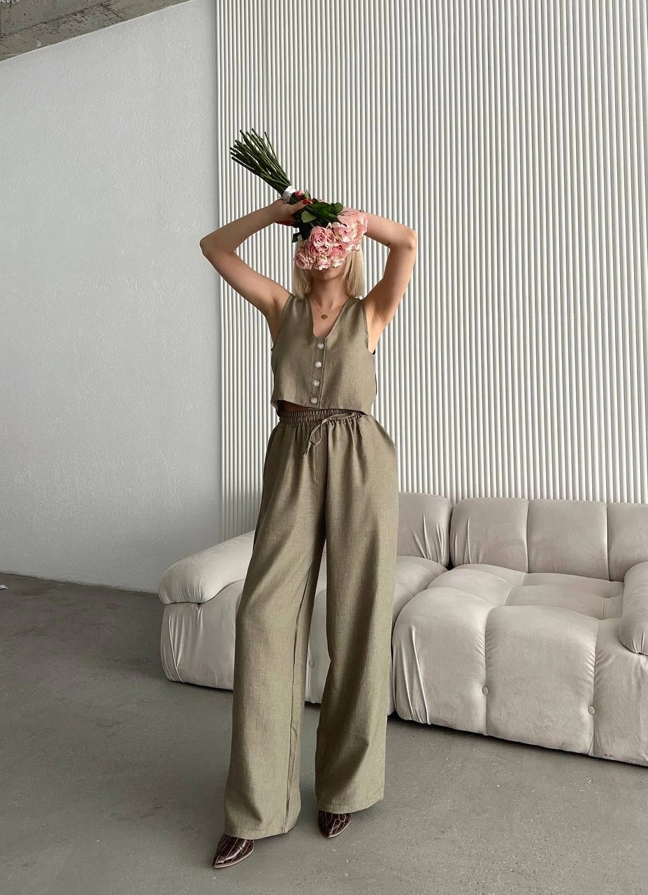 Pullaps Yelek Pantolon Keten İkili Takım Haki