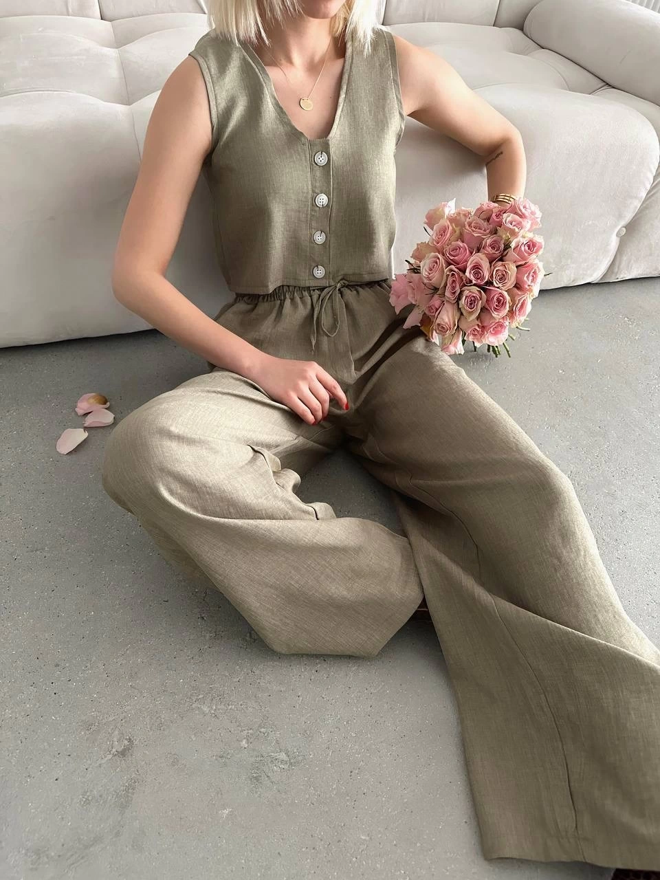 Pullaps Yelek Pantolon Keten İkili Takım Haki