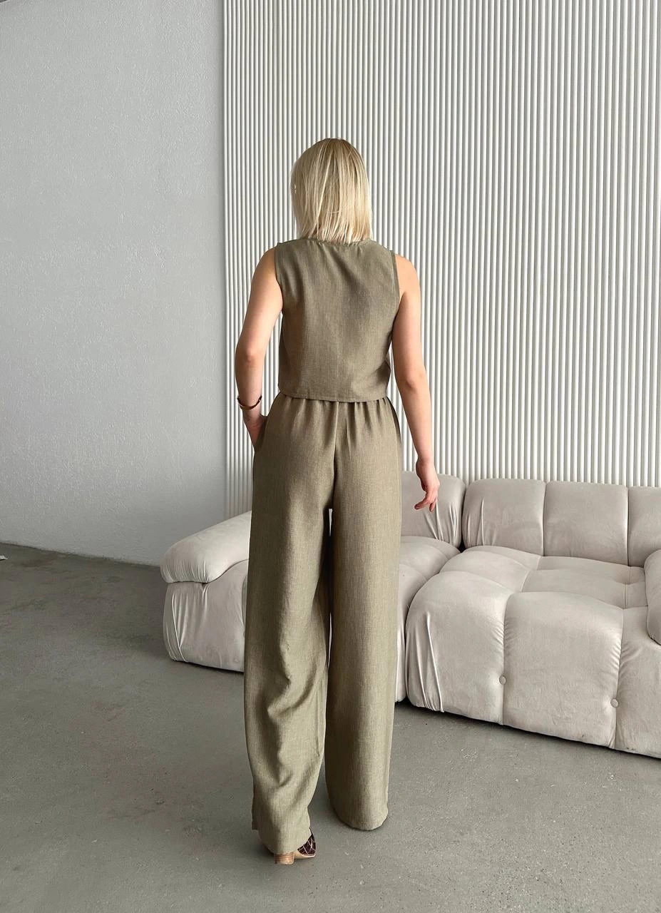 Pullaps Yelek Pantolon Keten İkili Takım Haki