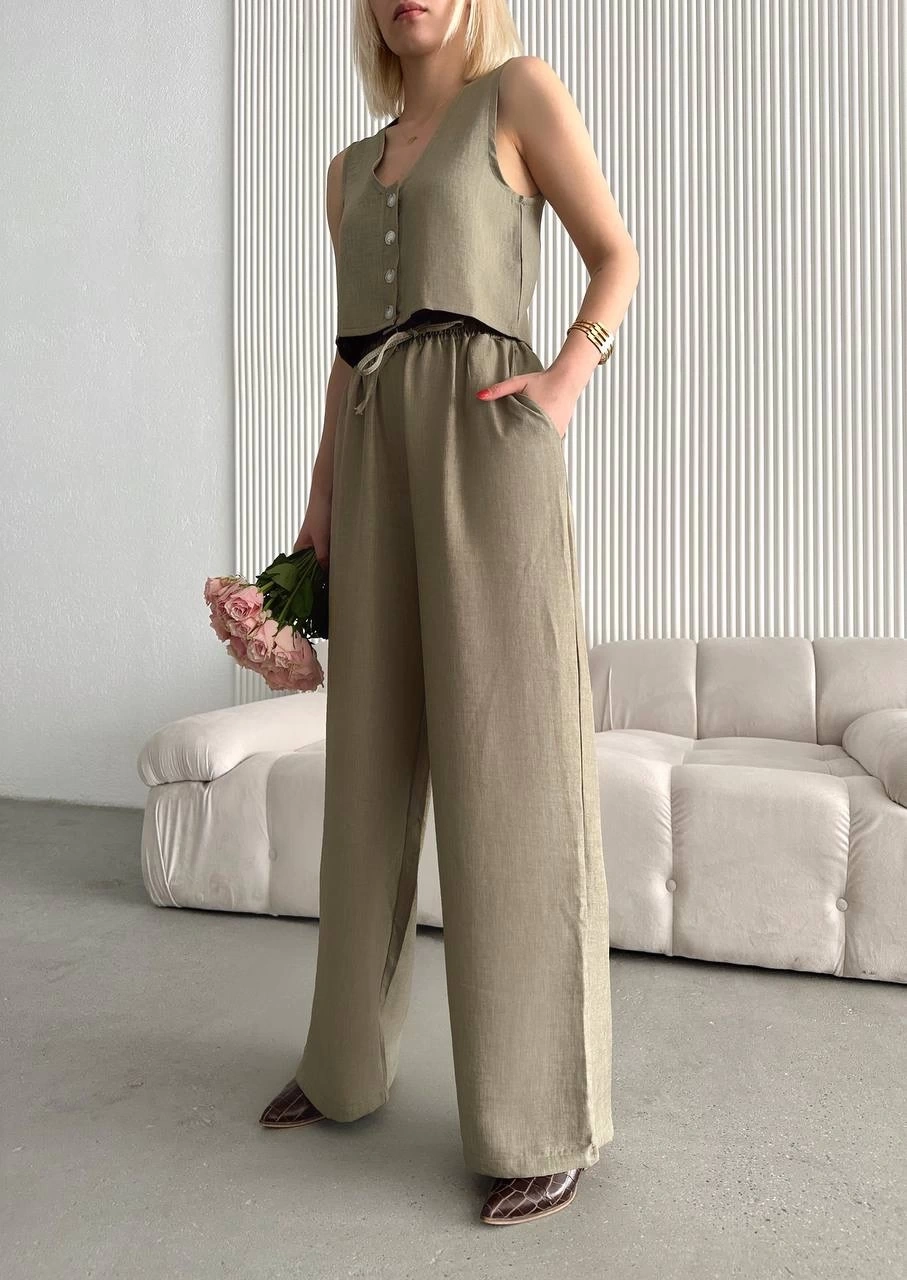 Pullaps Yelek Pantolon Keten İkili Takım Haki