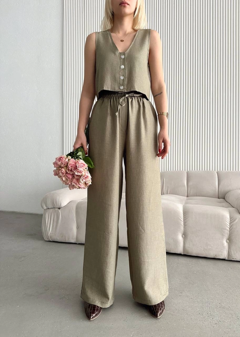 Pullaps Yelek Pantolon Keten İkili Takım Haki