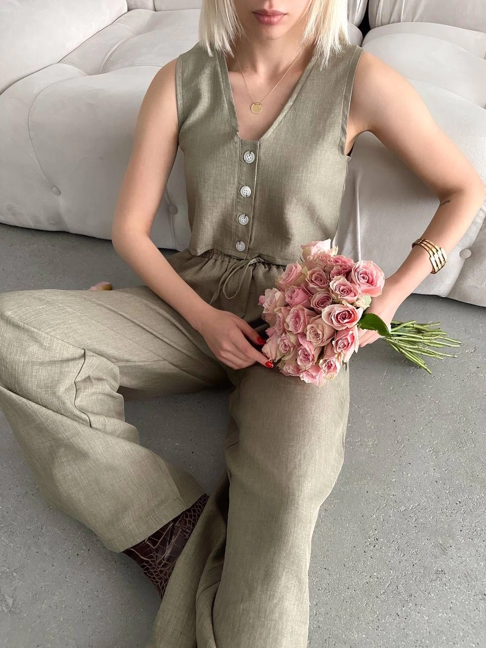 Pullaps Yelek Pantolon Keten İkili Takım Haki