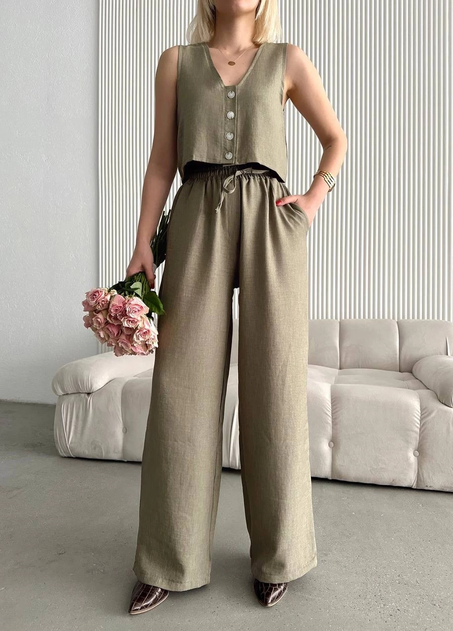 Pullaps Yelek Pantolon Keten İkili Takım Haki