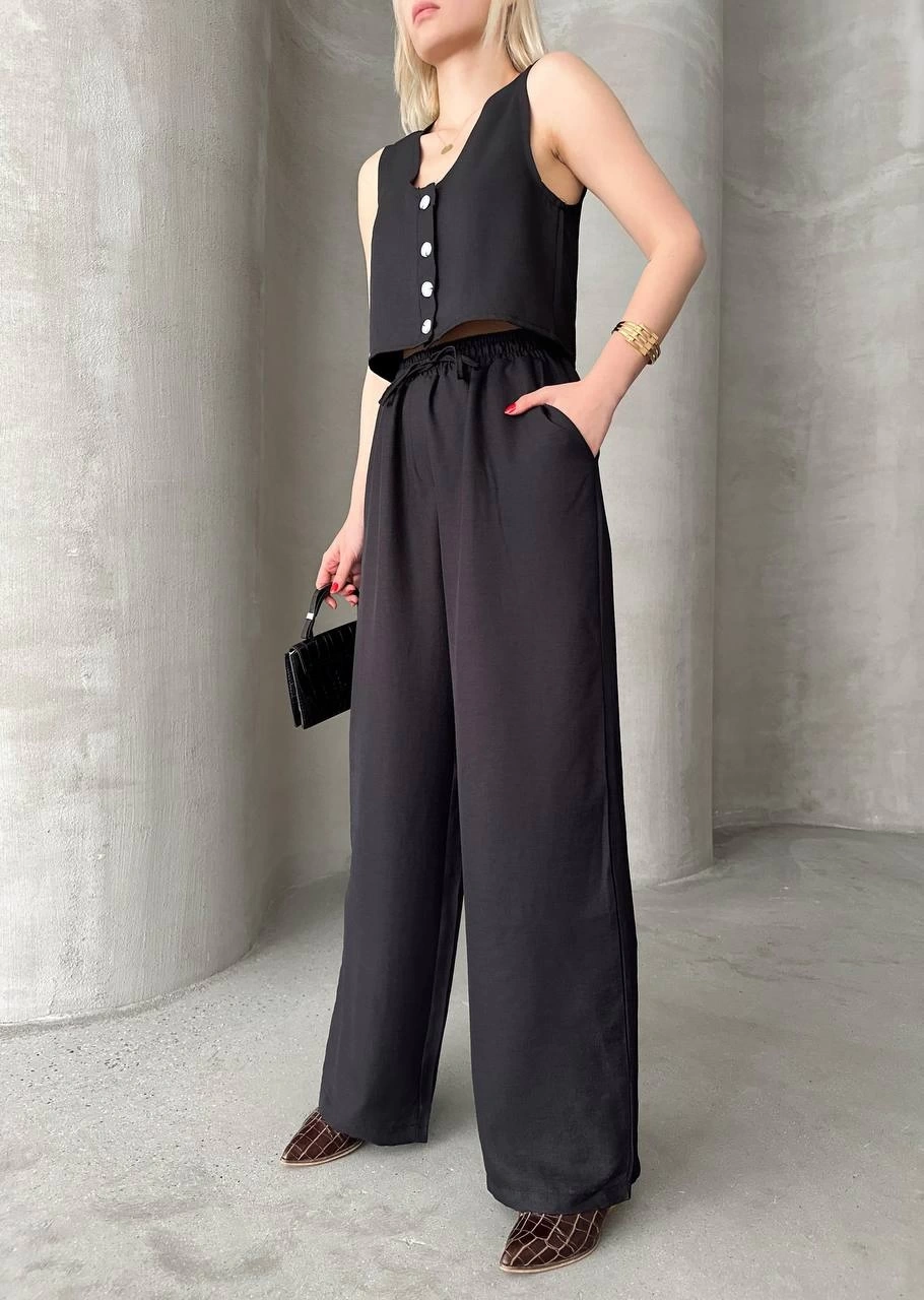 Pullaps Yelek Pantolon Keten İkili Takım Siyah