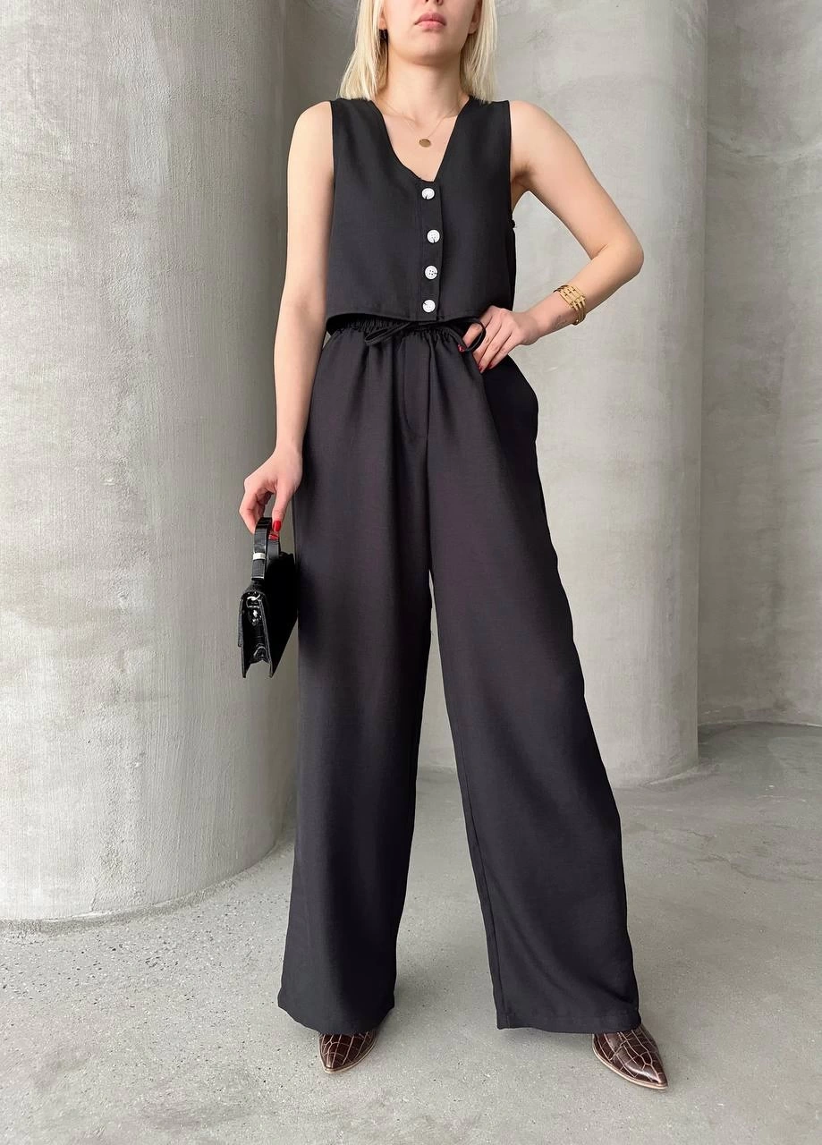 Pullaps Yelek Pantolon Keten İkili Takım Siyah